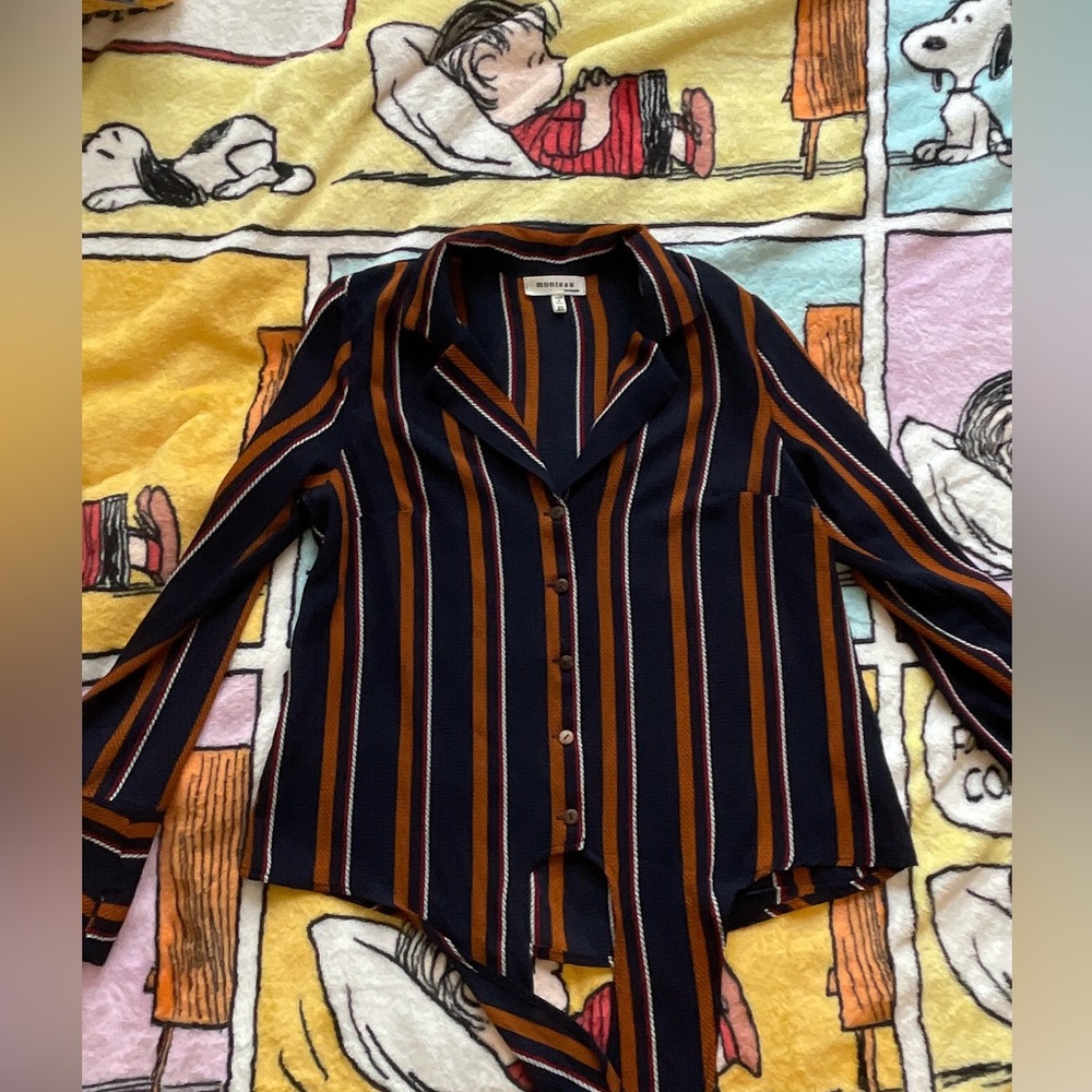 Striped Button Down Front Tie Blouse